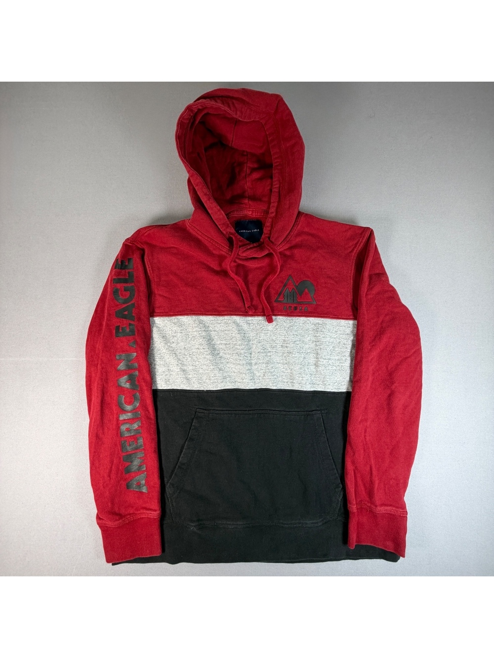 American Eagle Hoodie Mens L Red Gray Black Colorblock Outdoors Pullover 23x28